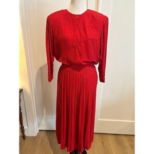 Vintage Red Black Print Long Sleeve Pleated Midi Dress Women's Size 10 1990's